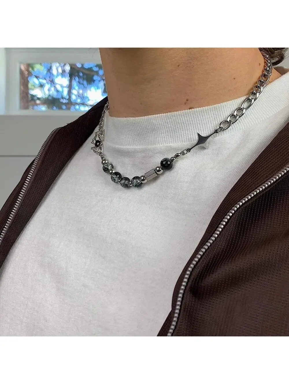Cyber Y2k 2000s Silver Opium Spider ️ Pendant beaded necklace Cuban link